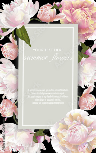 Template for greeting cards, wedding decorations, sales. Vector vertical banner with peonies flowers on black background. Spring or summer design.