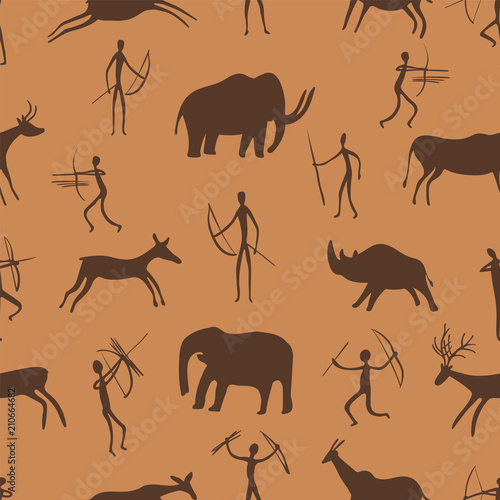 Seamless pattern. Ancient rock paintings show primitive people hunting on animals. The Paleolithic era.