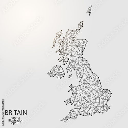 A map of Britain consisting of 3D triangles, lines, points, and connections. Vector illustration of the EPS 10.