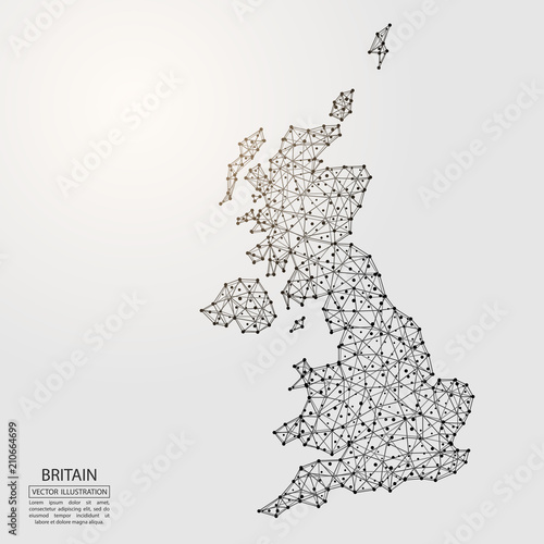 Fotografia A map of Britain consisting of 3D triangles, lines, points, and connections