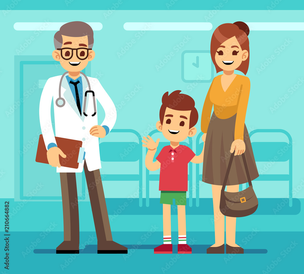 Kind smiling pediatrician doctor and mother with sick child. Pediatric care vector cartoon concept