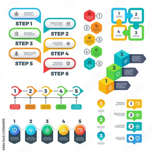 Infographic charts. Bar graphs, steps and options elements, flowchart diagrams and timeline. Useful vector set