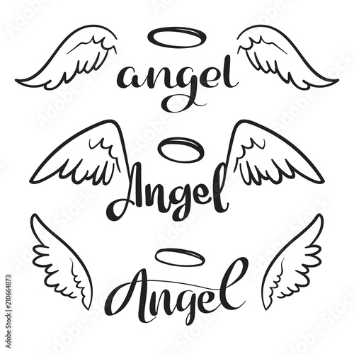 Doodle flying angel wings with halo. Sketch angelic wings. Freedom and religious tattoo vector design isolated on white background