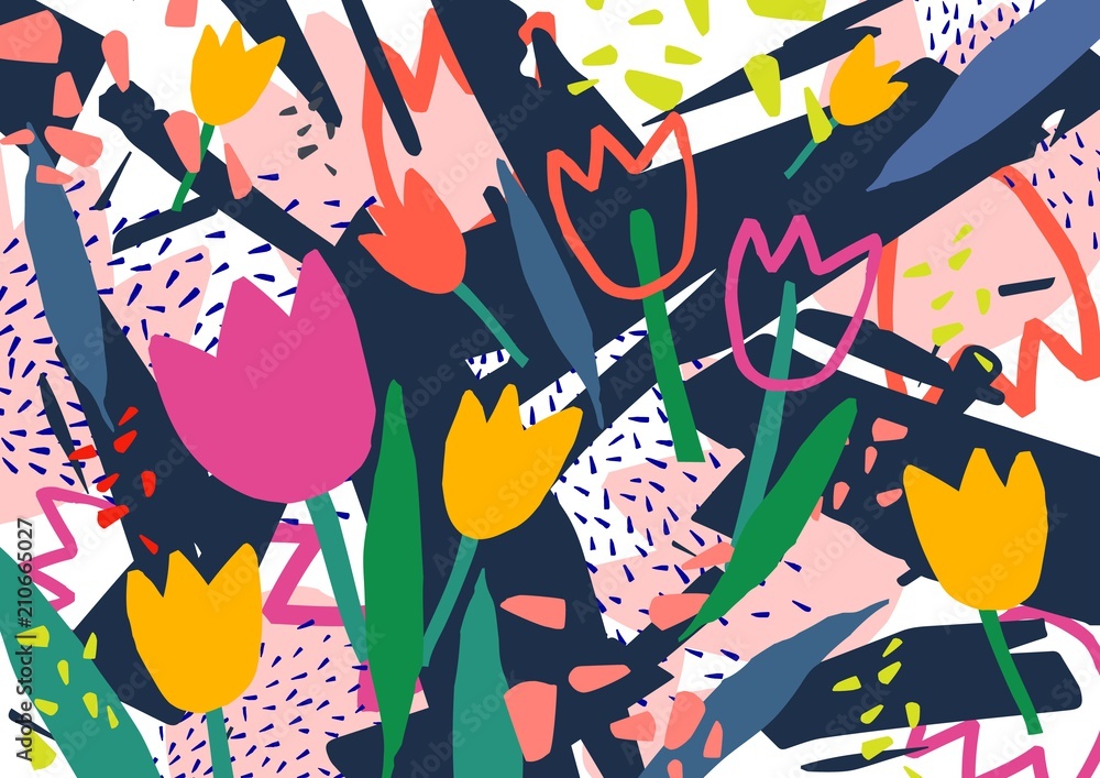 Twórczy poziomy tło z kwiatów tulipanów i kolorowe plamy streszczenie i kulas. Jasne kolorowe tło dekoracyjne. Modny artystyczny ilustracji wektorowych w stylu współczesnej sztuki. <span>plik: #210665027 | autor: Good Studio</span>