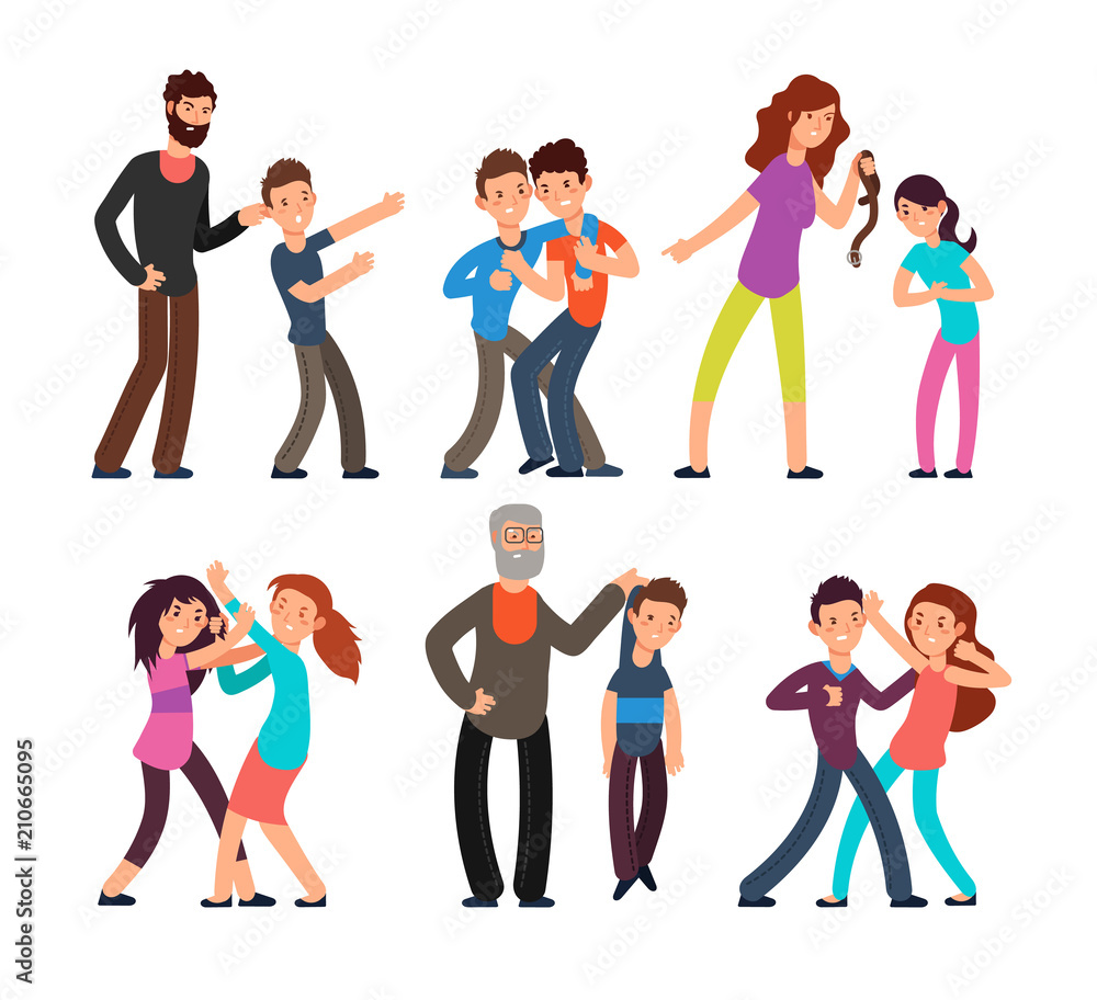 Fototapeta premium Bullying people. Students, kids fighting with angry parents and each other. Vector characters set