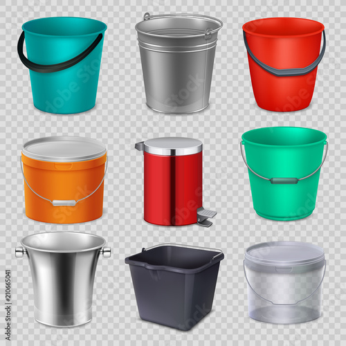 Realistic 3d metal and plastic buckets with handle. Vector collection isolated on white background