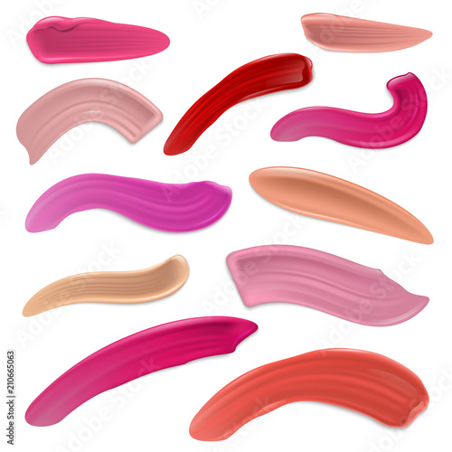 Red and pink lipstick smears, beauty makeup lip cream strokes vector set isolated on white background