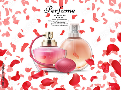 Cosmetics perfume bottles with pink petals of rose background
