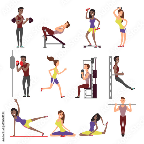Fitness people vector cartoon characters set. Male and female athletes isolated on white background