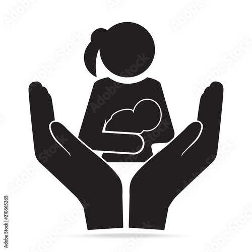 Mother holding baby in hand icon. Protection or care for health of baby and mother concept