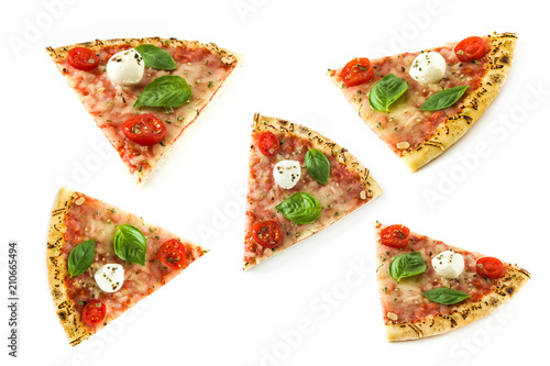 Different views italian pizza slice with tomatoes, cheese and basil isolated on white background