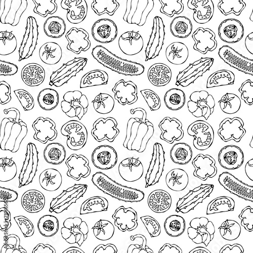 Vector Seamless Pattern with Mini Cucumbers  Red Tomatoes  Bell Pepper and Tomato Slices. Fresh Green Vegetable Salad. Healthy Vegetarian Cuisine. Hand Drawn Illustration. Doodle Style.