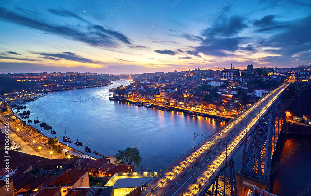 Porto, Portugal. Evening sunset panoramic view at nighttime town