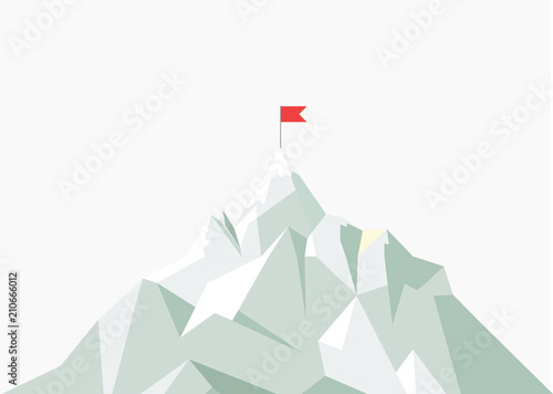  flat flag on mountain. Low poly design. Success illustration. Goal achievement. Business concept. Winning of competition or triumph.