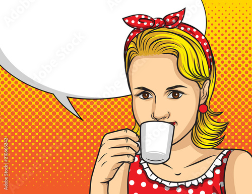 Vector colorful pop art comic style illustration of a pretty woman in red dress drinking a coffee. Portrait of young beautiful lady with cup of hot drink