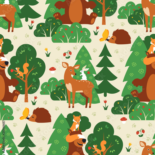 Seamless pattern with cute wild animals in green forest. Fox  squirrel  bear  hare  deer  hedgehog  butterfly