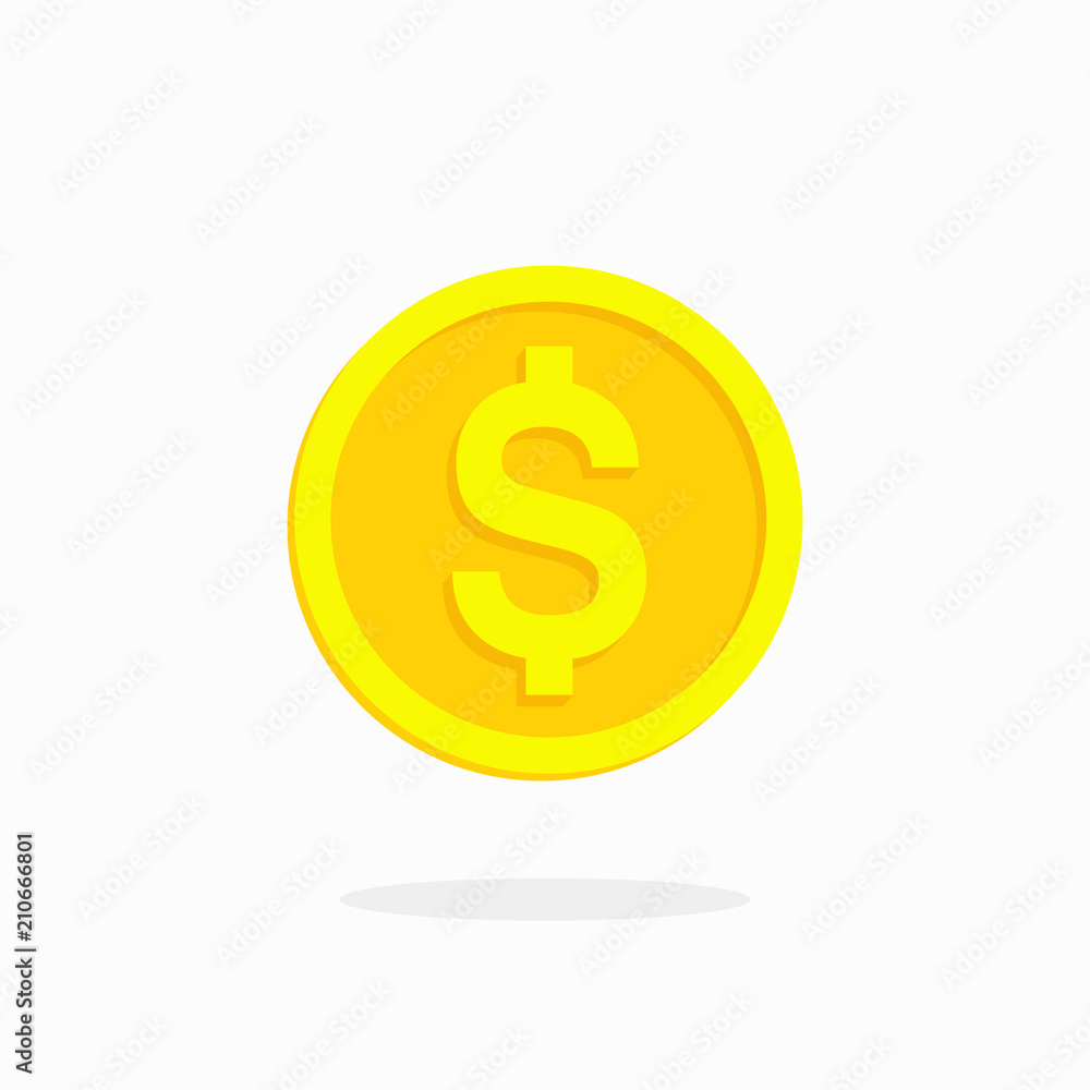 Vector illustration. Gold coin icon with dollar symbol in flat style. Coin icon on isolated on white background with shadow. Vector illustration. Gold coin icon with dollar symbol in flat style. Coin icon on isolated on white background with shadow.