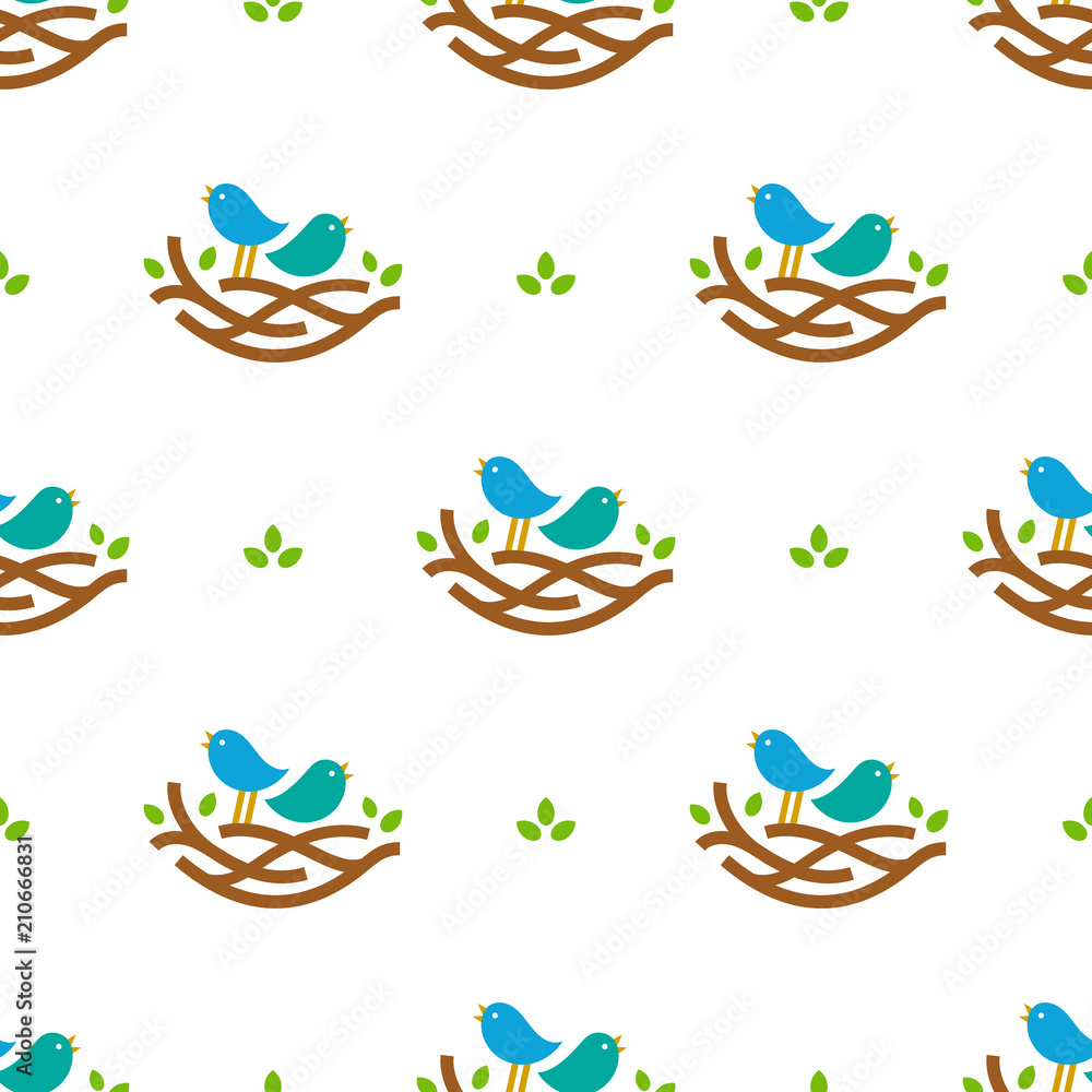 Seamless pattern with colorful singing birds in nest in minimalistic style on white background Seamless pattern with colorful singing birds in nest in minimalistic style on white background