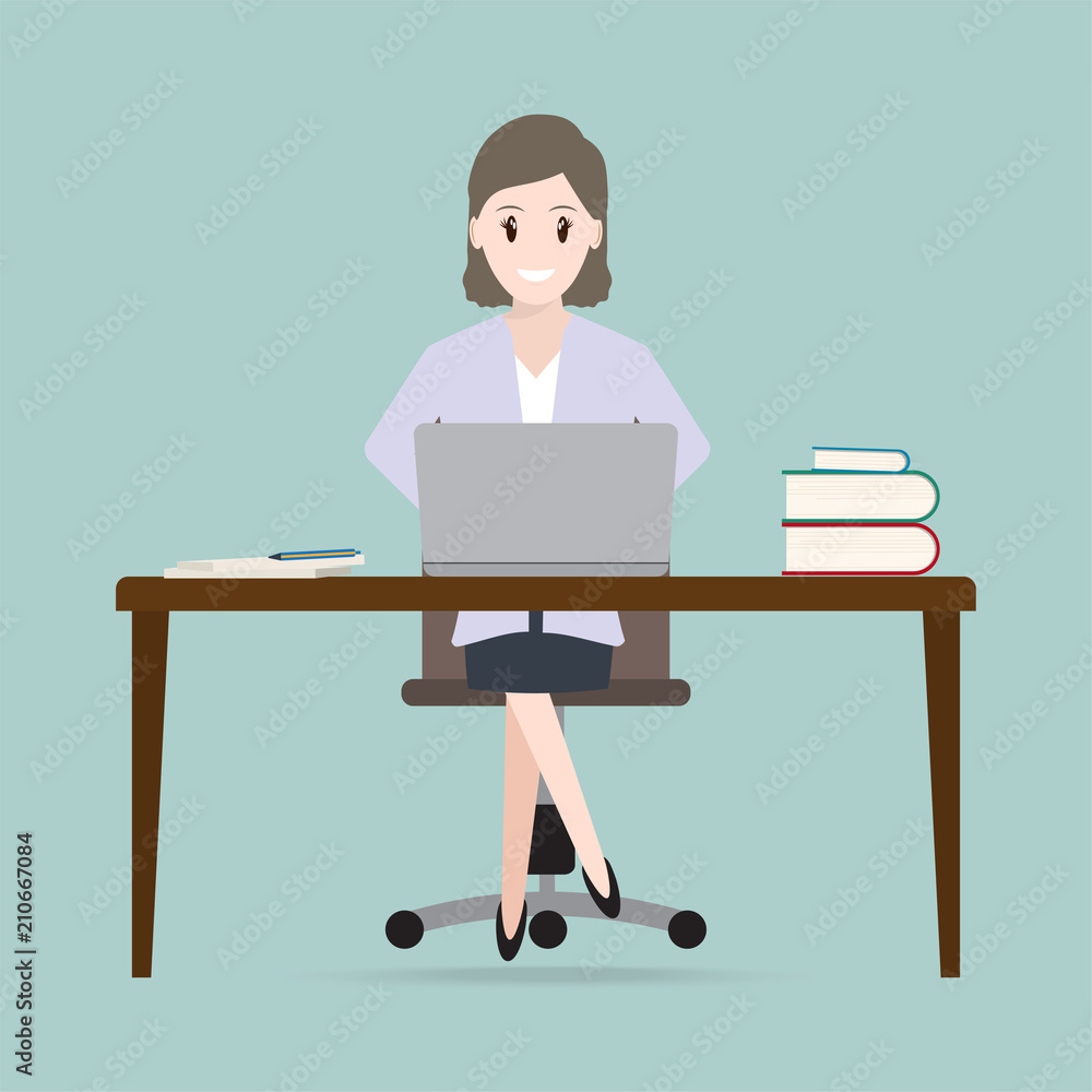 Woman sitting front of computer on work table icon Woman sitting front of computer on work table icon