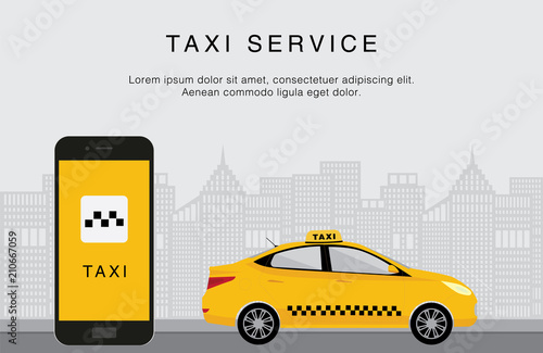 Fototapeta Naklejka Na Ścianę i Meble -  Taxi service. Mobile phone with taxi app and yellow taxi on city background. Flat vector illustration. Call a taxi