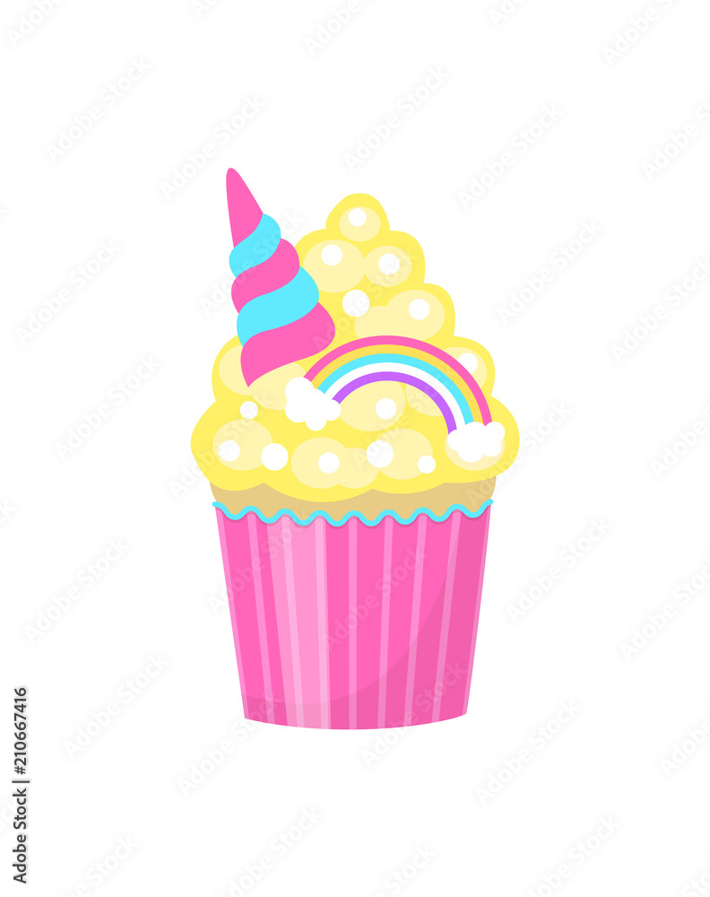 Cute cupcake decorated with rainbow and unicorn horn. Isolated on white background. Vector illustration. Cute cupcake decorated with rainbow and unicorn horn. Isolated on white background. Vector illustration.