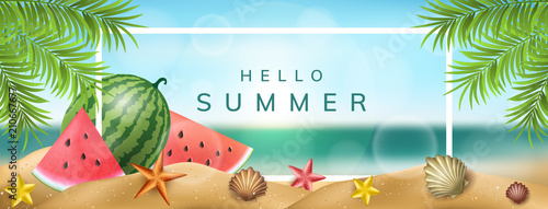 Horizontal banner frame with summer beach, palm tree, watermelon and shells. Vector illustration with white text frame for summer and holiday background and design