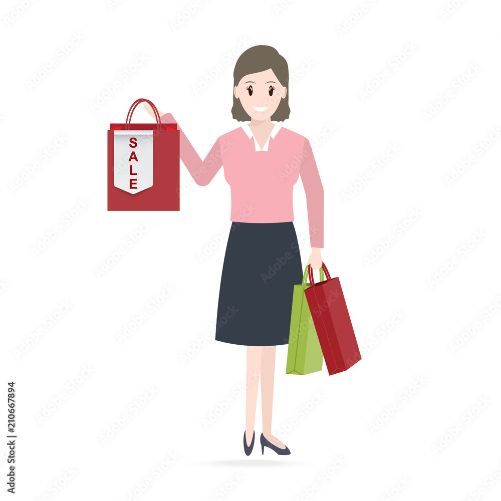 Woman holding shopping bag and sale tag icon