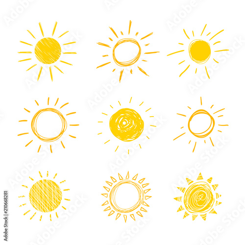 Vector Doodle Sun, Set of Hand Drawn Funny Icons Background,.