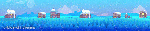 Vector illustration of a winter village landscape, horizontal background for your design
