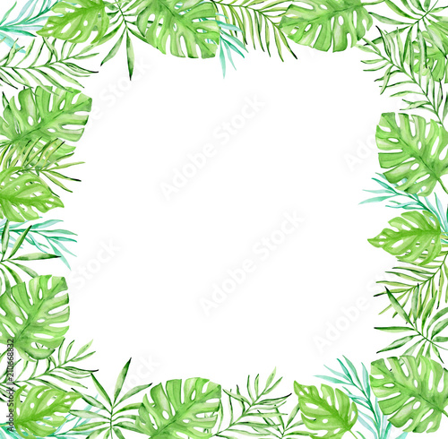 Fototapeta Naklejka Na Ścianę i Meble -  Tropical floral frame with green palm leaves
