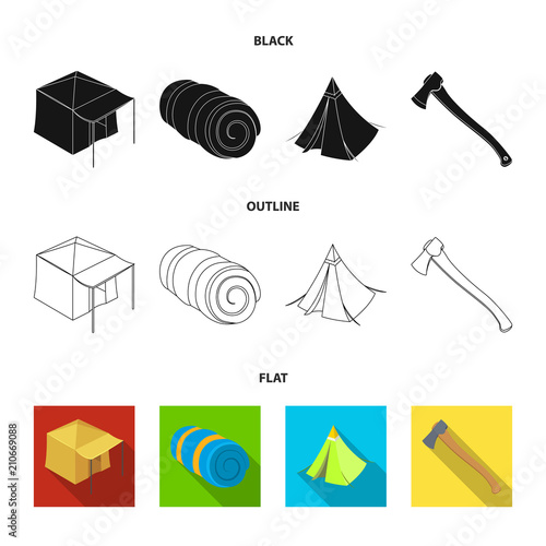 Tent with awning, ax and other accessories.Tent set collection icons in black,flat,outline style vector symbol stock illustration web.