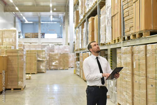 Tableau sur toile Businessman in the transport sector controls a warehouse // Manager in einer Lag
