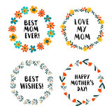 Vector flat illustration for greeting card design with stylish text for Mother's Day with colorful flowers decorated.