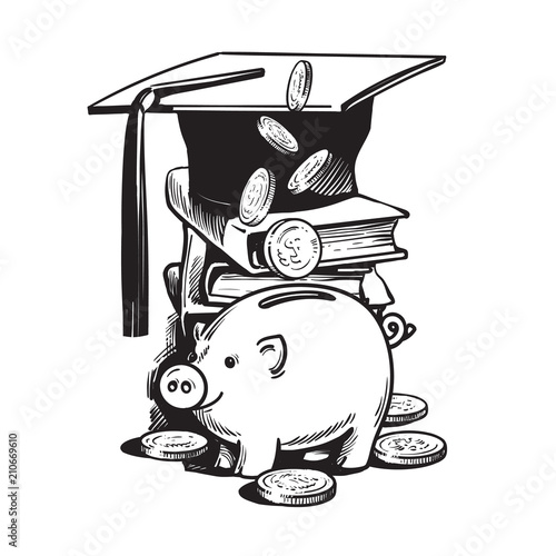 Cartoon piggy bank with graduation hat, falling money, stack of books.