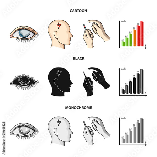 Poor vision, headache, glucose test, insulin dependence. Diabetic set collection icons in cartoon,black,monochrome style vector symbol stock illustration web.