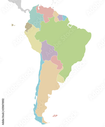 Political blank South America Map vector illustration isolated on white background. Editable and clearly labeled layers.
