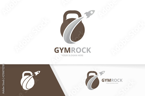 Vector sport and rocket logo combination. Gym and airplane symbol or icon. Unique fitness and flight logotype design template.