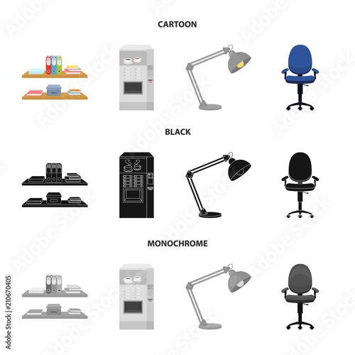 Shelves, folders and notebooks with business records, a coffee machine with cups, an armchair with a backrest on wheels, a desk lamp. Office Furniture set collection icons in cartoon,black,monochrome