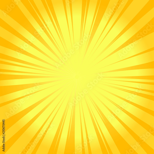Summer sunburst background. Glowing radiant backdrop with yellow rays. Vector