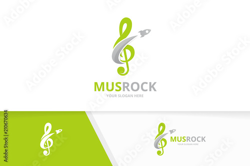 Vector treble clef and rocket logo combination. Music and airplane symbol or icon. Unique sound and flight logotype design template.