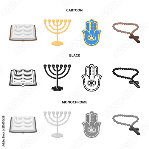 Bible, menorah, hamsa, orthodox cross.Religion set collection icons in cartoon,black,monochrome style vector symbol stock illustration web. photo