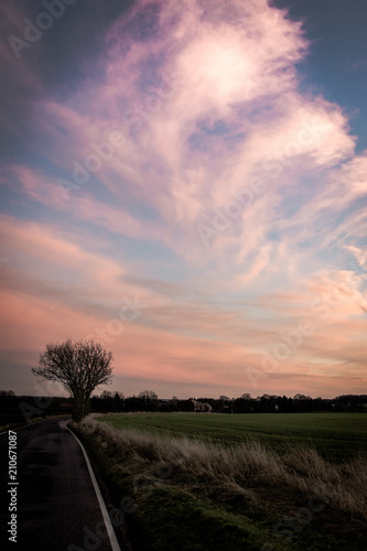 Pink sky and clouds over fields and road