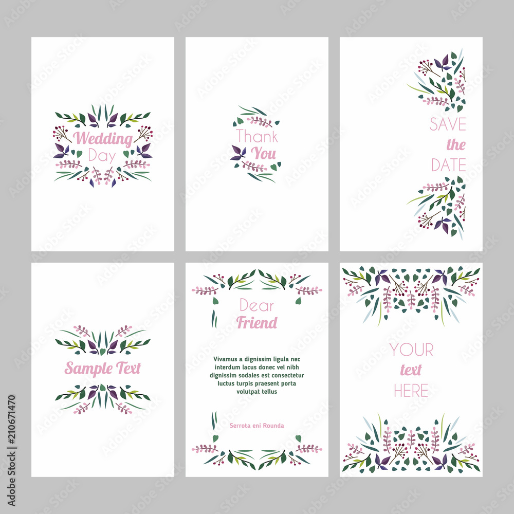 Set of cards with floral design elements. Wedding ornament concept. Vector layout decorative greeting card or invitation design background