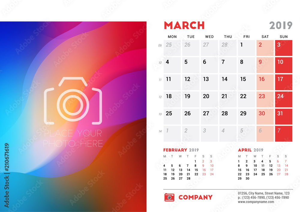 March 2019. Desk Calendar design template with place for photo. Week starts on Monday. Three months on page. Vector illustration
