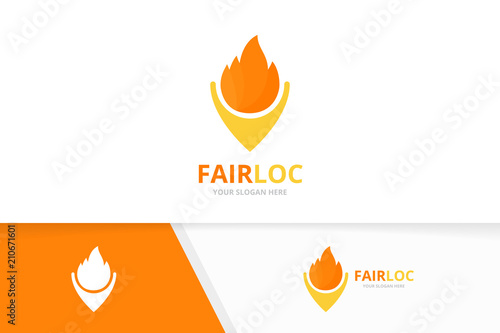Vector fire and map pointer logo combination. Flame and gps locator symbol or icon. Unique torch and pin logotype design template.