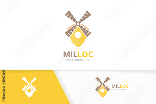 Vector mill and map pointer logo combination. Farm and gps locator symbol or icon. Unique windmill and pin logotype design template.