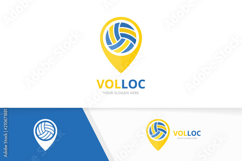 Vector volleyball and map pointer logo combination. Play and gps locator symbol or icon. Unique ball and pin logotype design template.