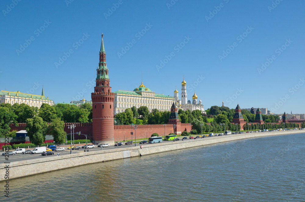 Summer view of the Moscow Kremlin, the Moscow-river and the Kremlin embankment, Moscow, Russia