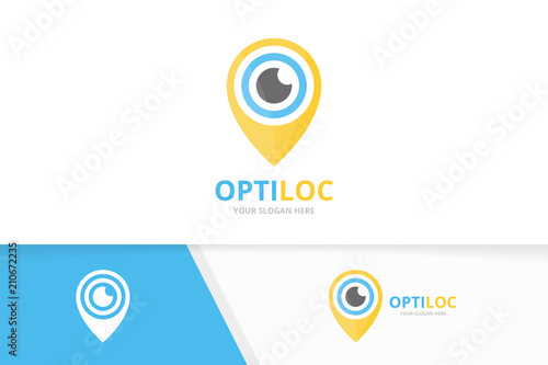 Vector eye and map pointer logo combination. Optic and gps locator symbol or icon. Unique vision and pin logotype design template.