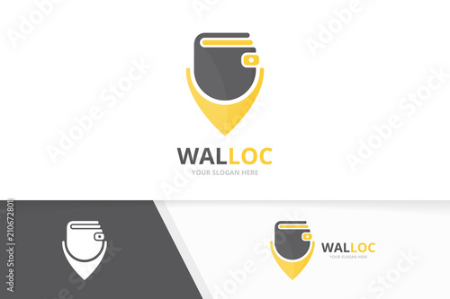 Vector wallet and map pointer logo combination. Purse and gps locator symbol or icon. Unique finance and pin logotype design template.